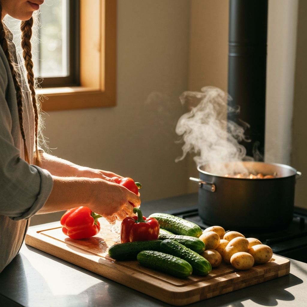 Hands preparing fresh vegetables in a natural kitchen setting