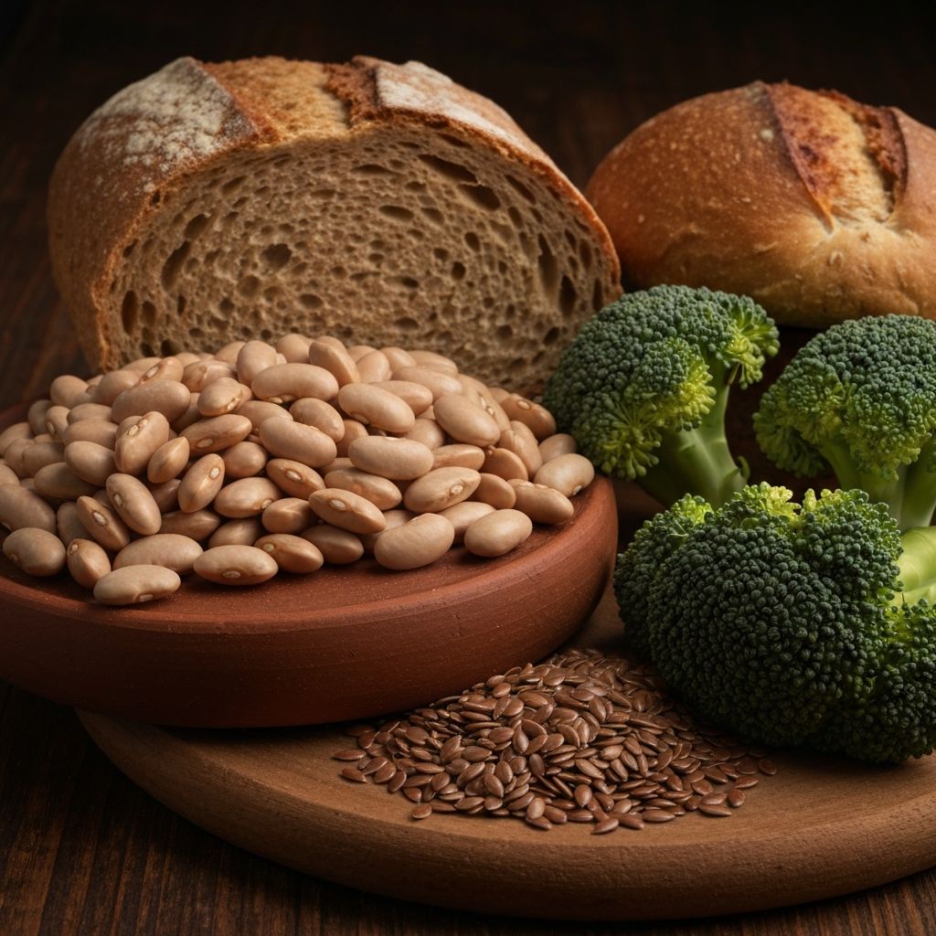 High-fiber foods including whole grains and vegetables