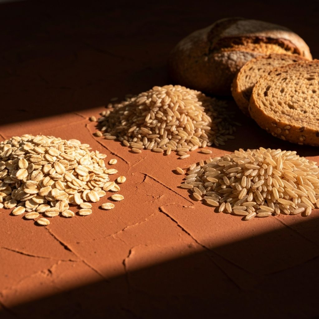 Whole grains and carbohydrate-rich foods on a textured surface