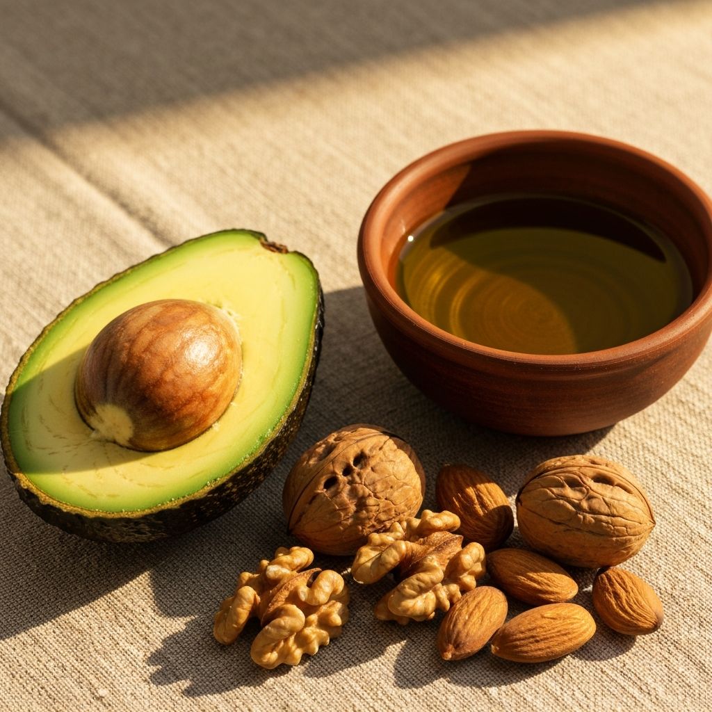 Healthy fat sources including avocado and olive oil