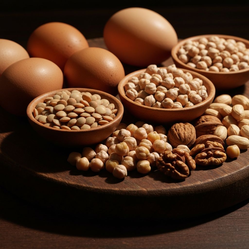 Protein-rich foods including legumes and eggs on a wooden board