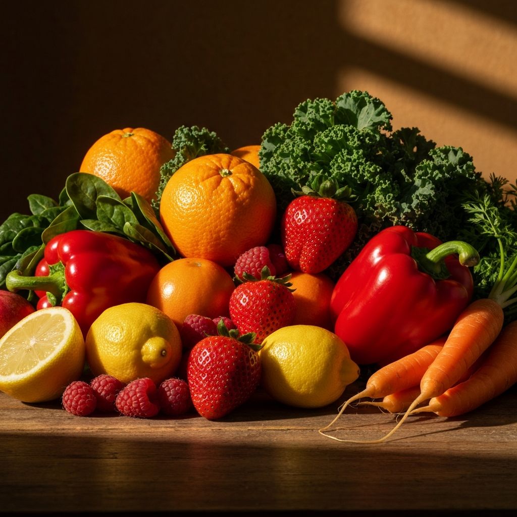 Colorful arrangement of fruits and vegetables rich in vitamins and minerals